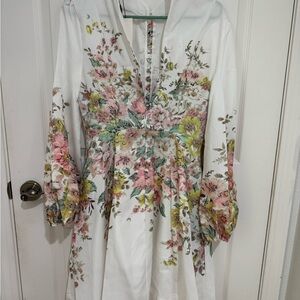 Floral Midi Dress - White with Pink and Green Accents